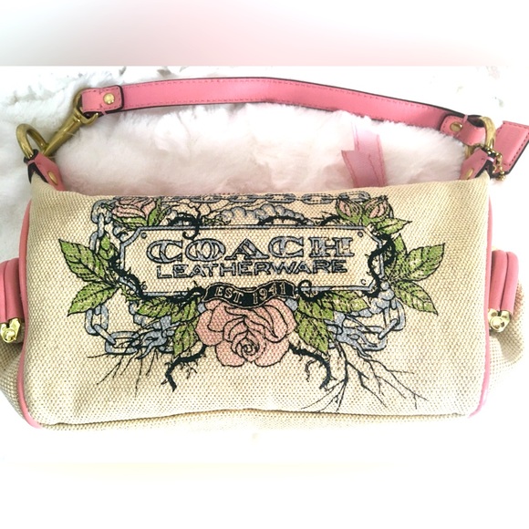 Coach Limited Edition Tattoo Embroidered Leather Canvas Sling Pochette Handbag. - Picture 1 of 10